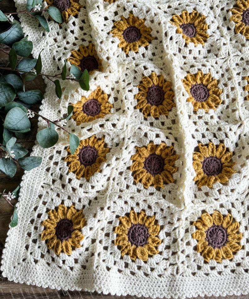 Sunflower Granny Square Blanket Crochet Pattern