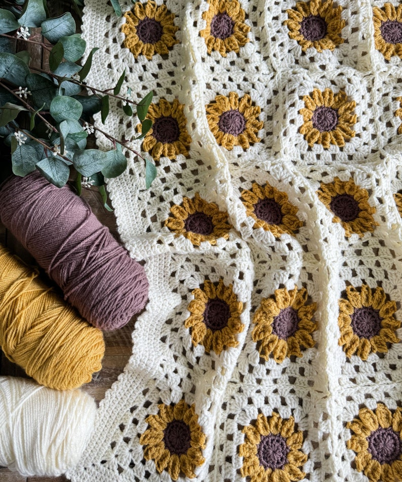 Sunflower Granny Square Blanket Crochet Pattern